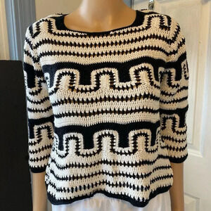 Chico's Crochet Knit Black White Cotton Women 3/4 Sleeve Pullover Sweater 0/XS